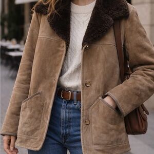 Vintage Shearling Jacket Brown Suede Coat Oversized Sheepskin Coat Minimalist